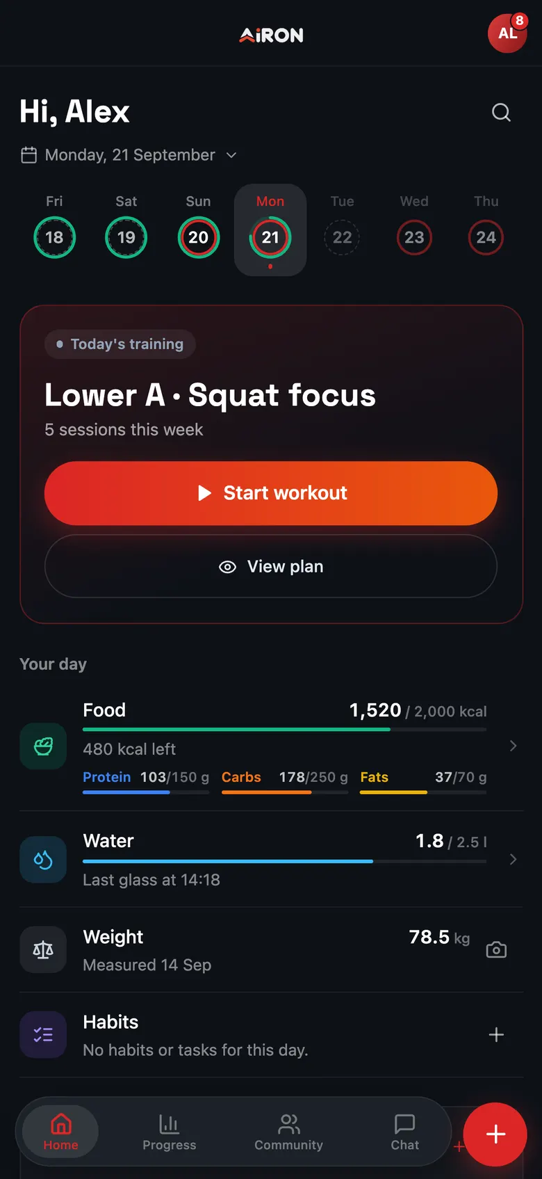 AIron.Coach home screen: today's Lower A, Squat focus session with a Start workout button, then food at 1,520 of 2,000 kcal, water and weight