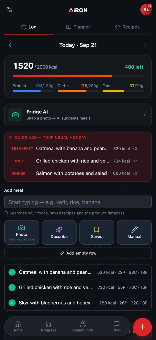 Nutrition diary: 1,520 of 2,000 kcal with macros, Fridge AI, quick add for usual meals and adding a meal by photo, description or by hand