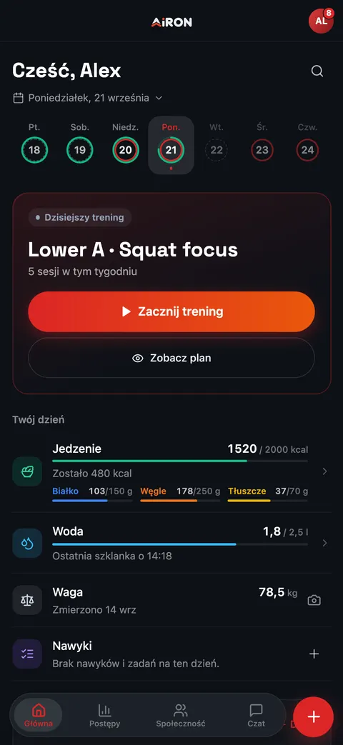 Ekran główny na telefonie: dzisiejsza sesja, jedzenie, woda i waga