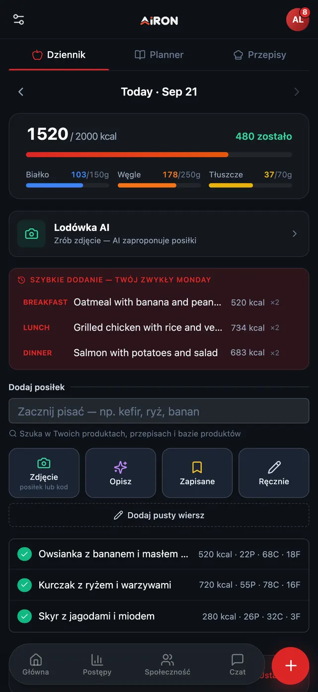 Dziennik żywienia: 1520 z 2000 kcal z makroskładnikami, Lodówka AI (Fridge AI), szybkie dodawanie zwykłych posiłków i dodawanie zdjęciem, opisem albo ręcznie