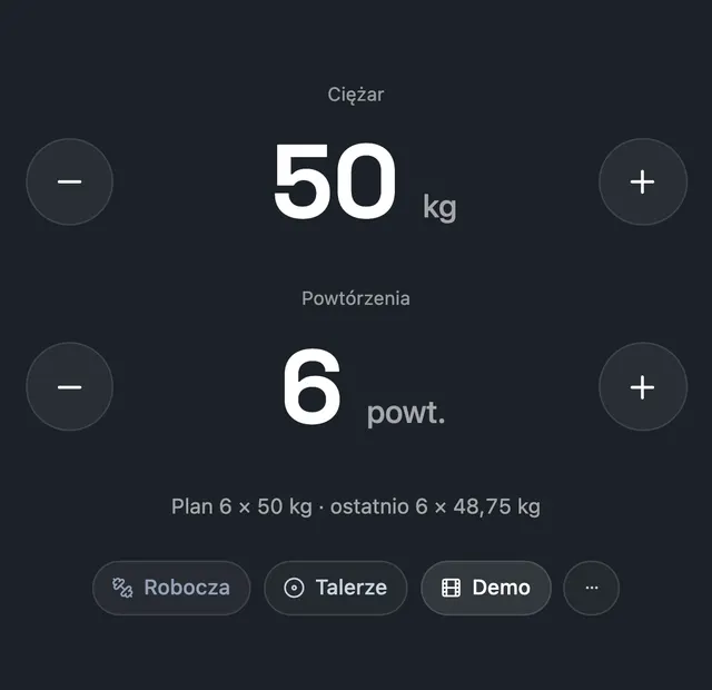 Ekran serii w aplikacji klienta: 50 kg i 6 powtórzeń, plan 6 × 50 kg, ostatnio 6 × 48,75 kg