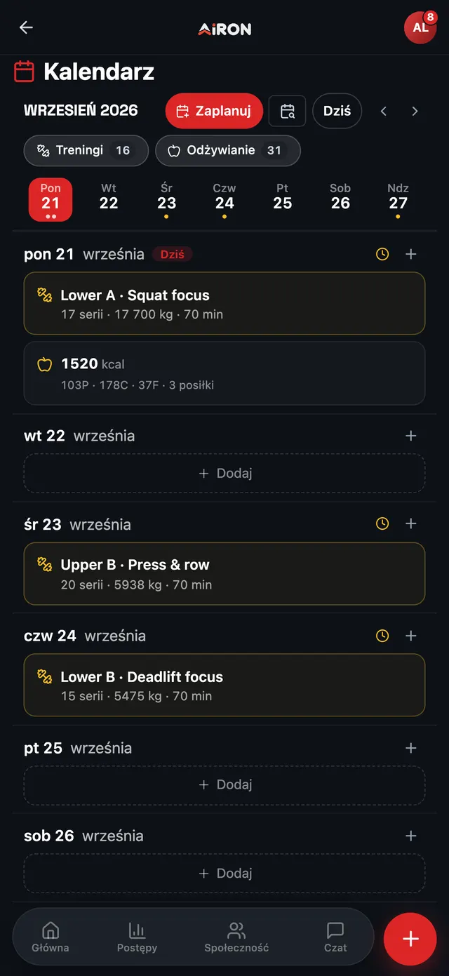 Kalendarz klienta na wrzesień: dziś Lower A, 17 serii, 17 700 kg i 70 minut, bilans 1520 kcal, dalej Upper B i Lower B zaplanowane na środę i czwartek